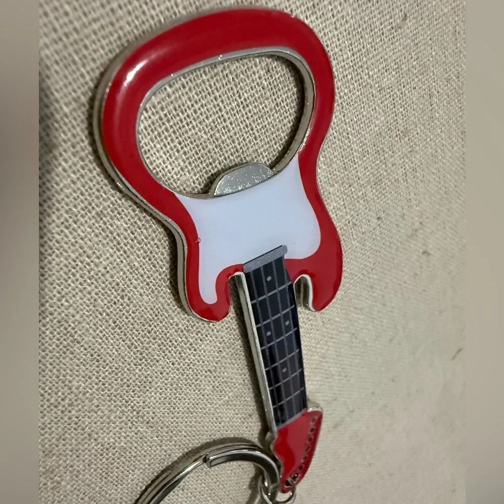 Guitar Bottle Opener Keychain Red & White – Rockin’ Accessory for Music Lovers
